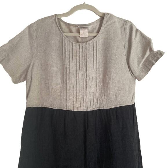 Vintage Colorblock Linen Short Sleeve Maxi Dress, Black, Tan, Size 12 - Picture 4 of 11
